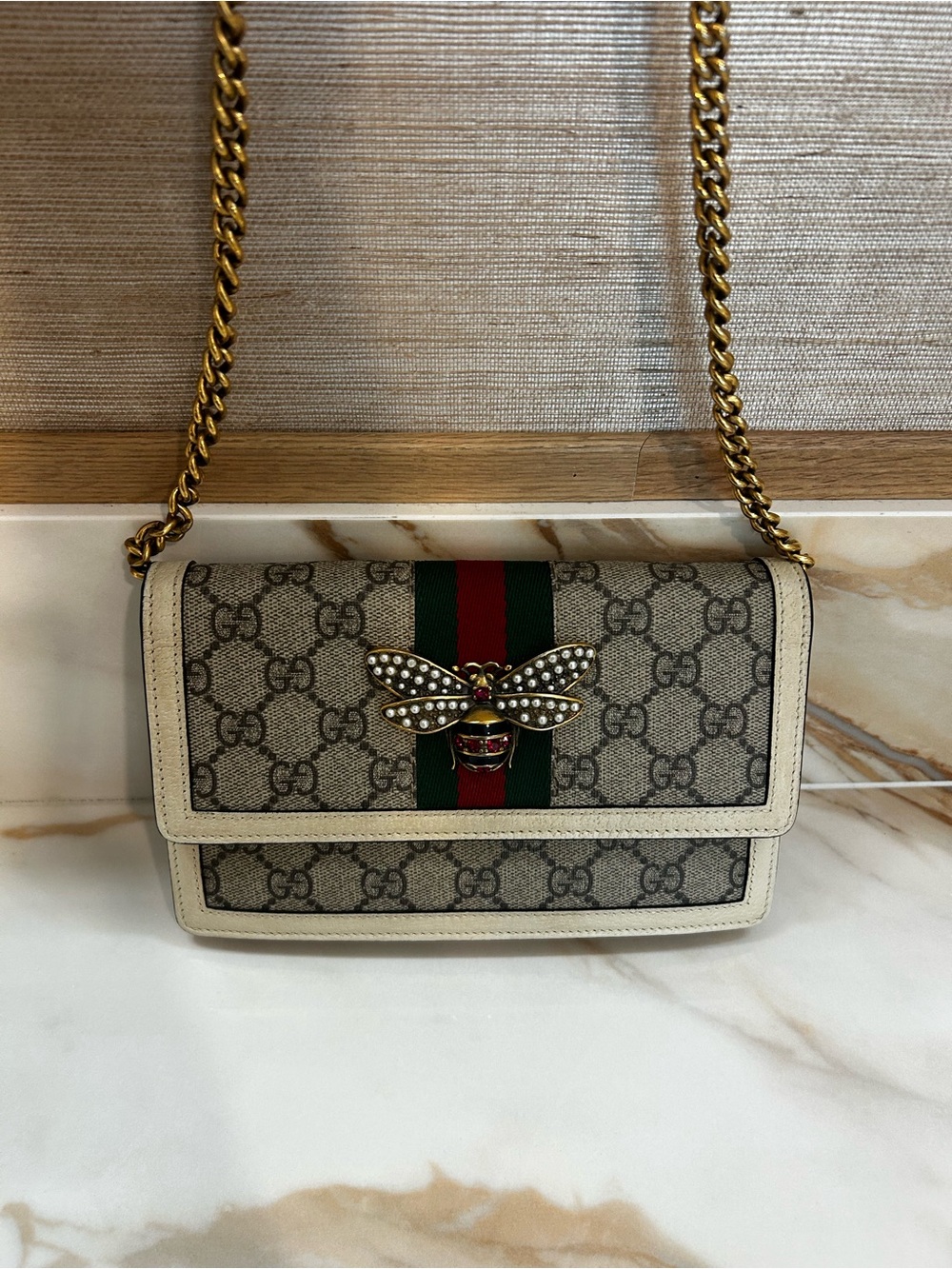 Gucci Beige GG Supreme Crossbody with Green-Red Web & Jeweled Bee